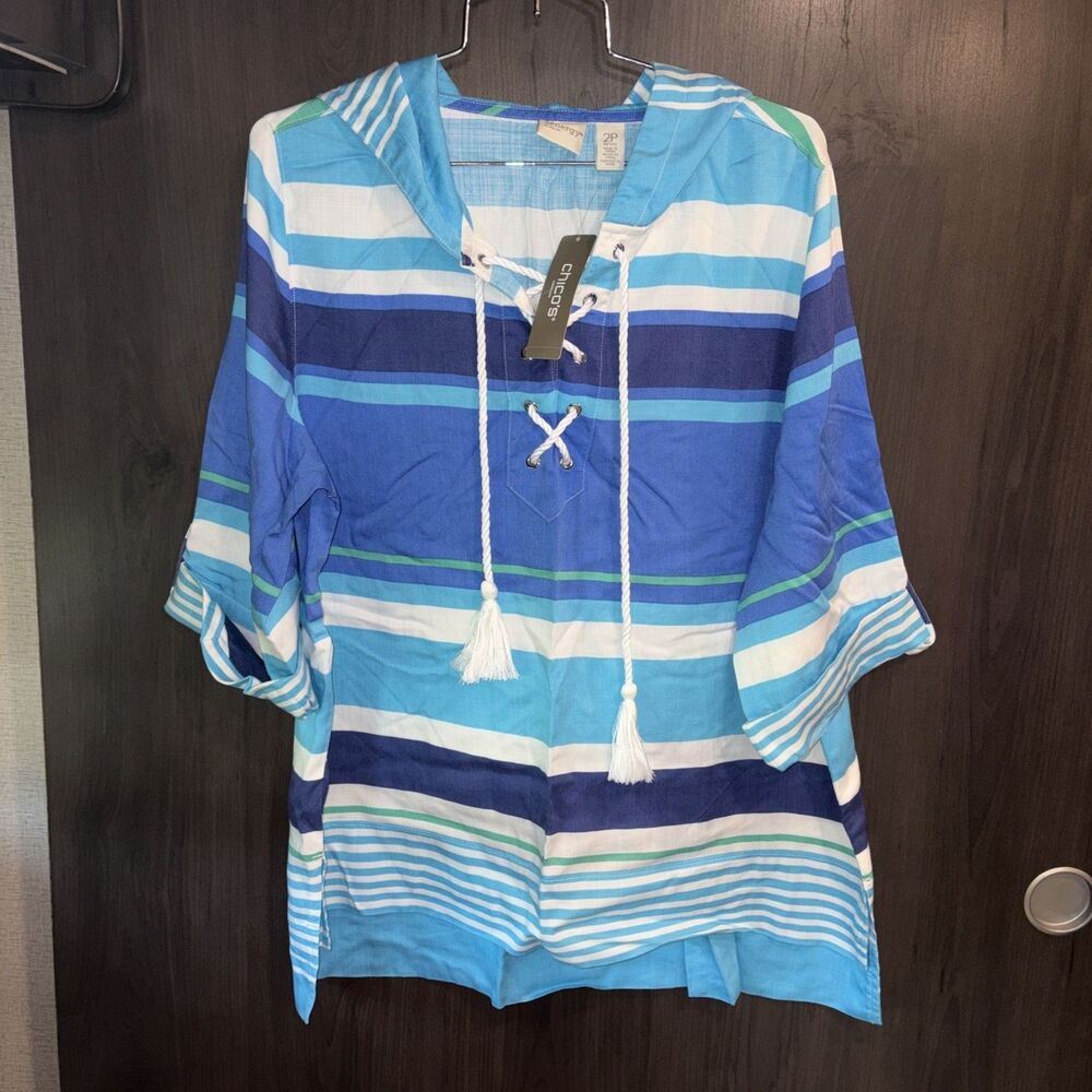 Chico’s Zenergy blue and white striped hooded tunic top Retails $109.